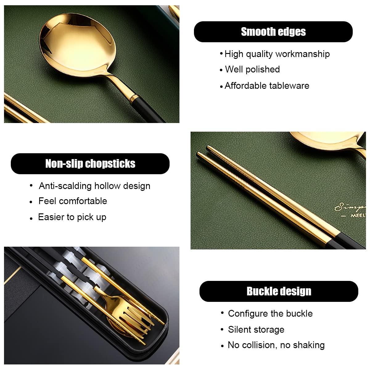 Supvox 410 Stainless Steel Knife Fork Spoon Chopstick Set, Portable Travel Utensil Flatware Sets with Case, 4Pcs Spoon Fork Knife Chopstick for Picnic Camping Travel & Outdoor Lunch (Black Gold) Supvox 410 Stainless Steel Knife Fork Spoon Chopstick Set, Portable Travel Utensil Flatware Sets with Case, 4Pcs Spoon Fork Knife Chopstick for Picnic Camping Travel & Outdoor Lunch (Black Gold)